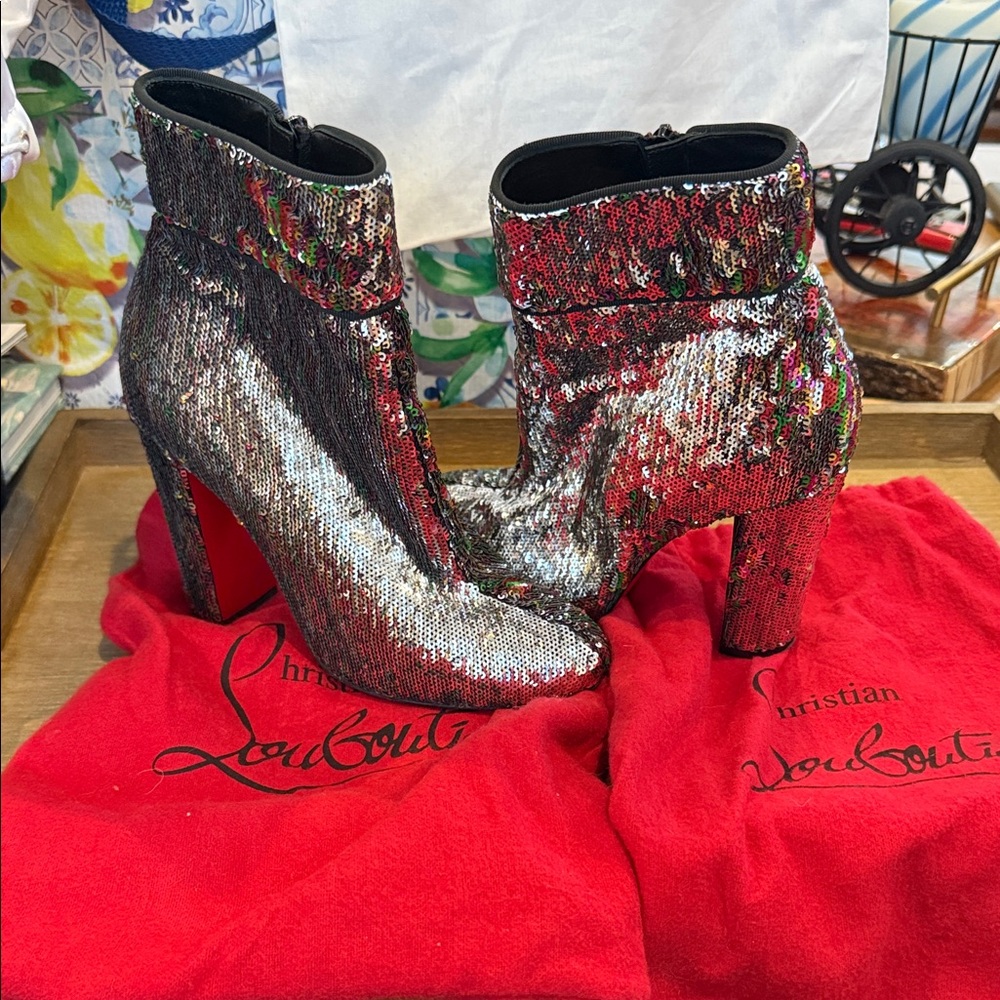 Christian Louboutin Silver and Red Sequin Heeled Boots